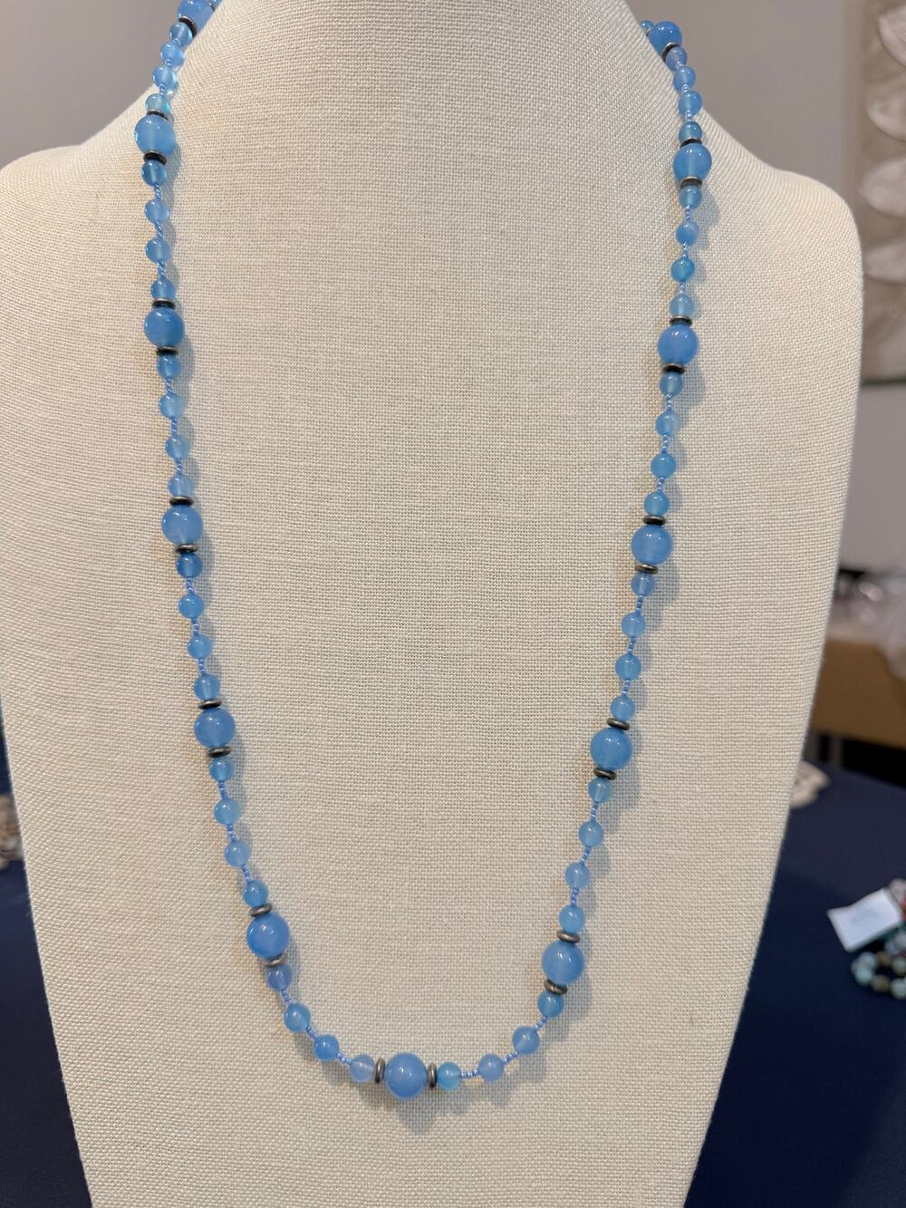 Vintage Blue Glass Bead Necklace 30